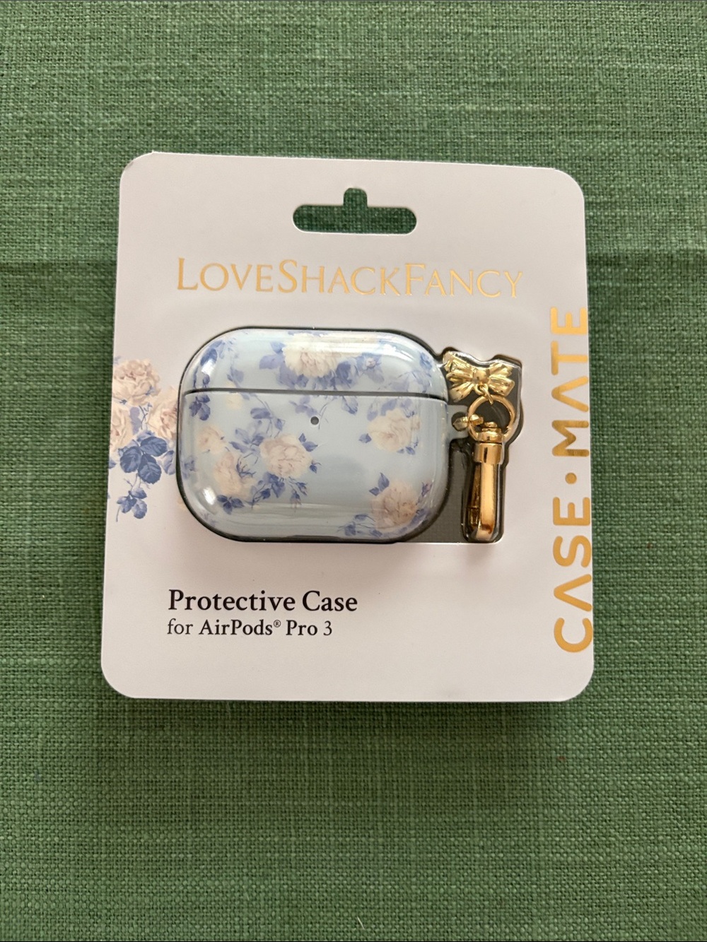 LoveShackFancy Blue and Cream Floral AirPods Pro 3 Case with Gold Clip